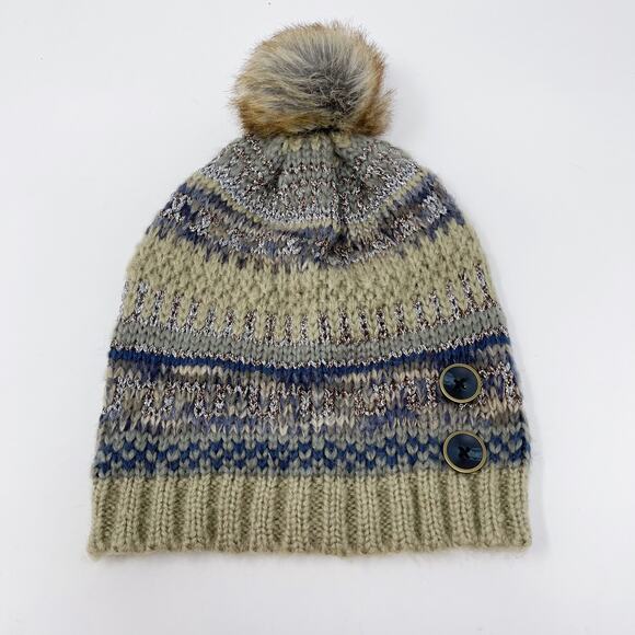 Boutique Striped Knit Beanie Hat with Pom Pom Cream Blue Button Detail - Picture 1 of 6